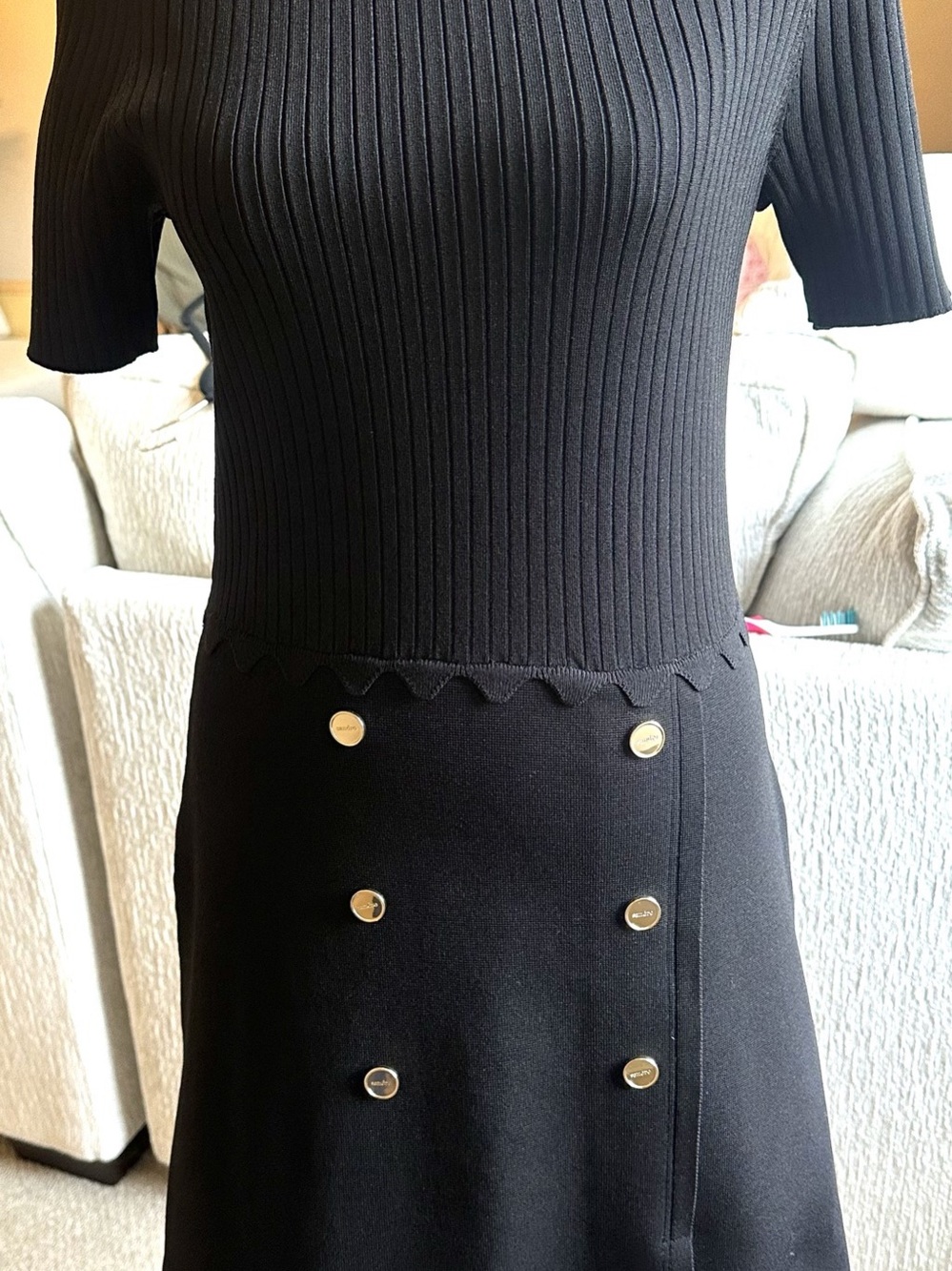 NWT Sandro Alyssa Black Knit Gold Button Mini Dress FR 38
